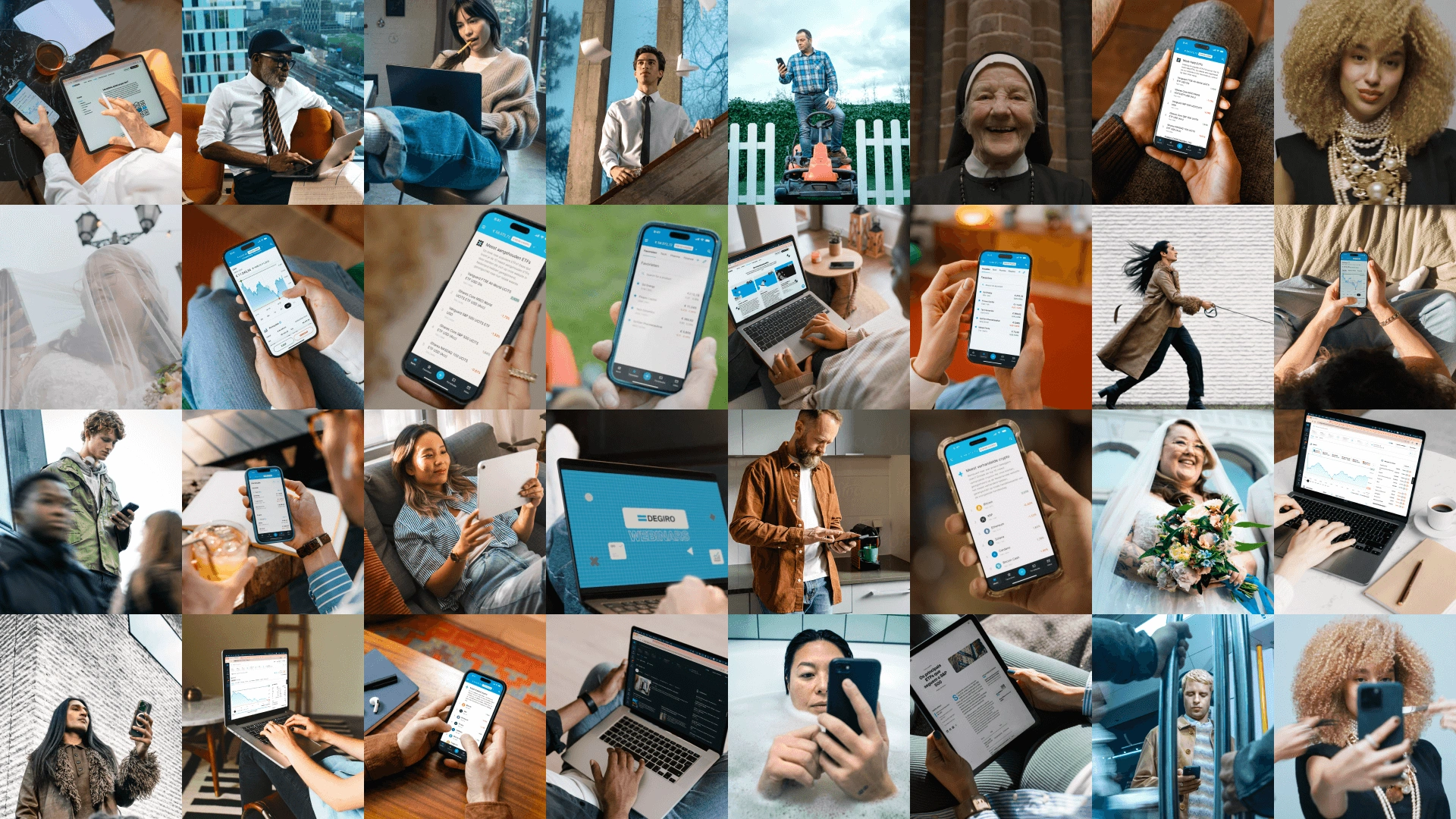 Collage de personas usando smartphones, tablets y portátiles con la plataforma de inversión EXDEGIRO.
